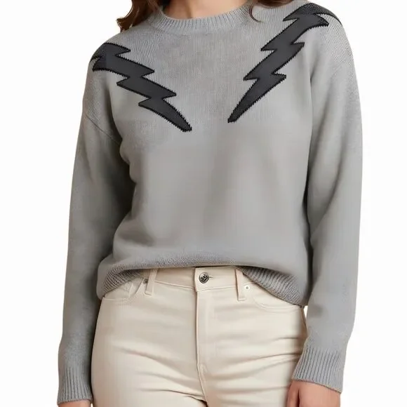 Storia Women's Gray Lightning Bolt Graphic Pullover Sweater Size S - Picture 1 of 5